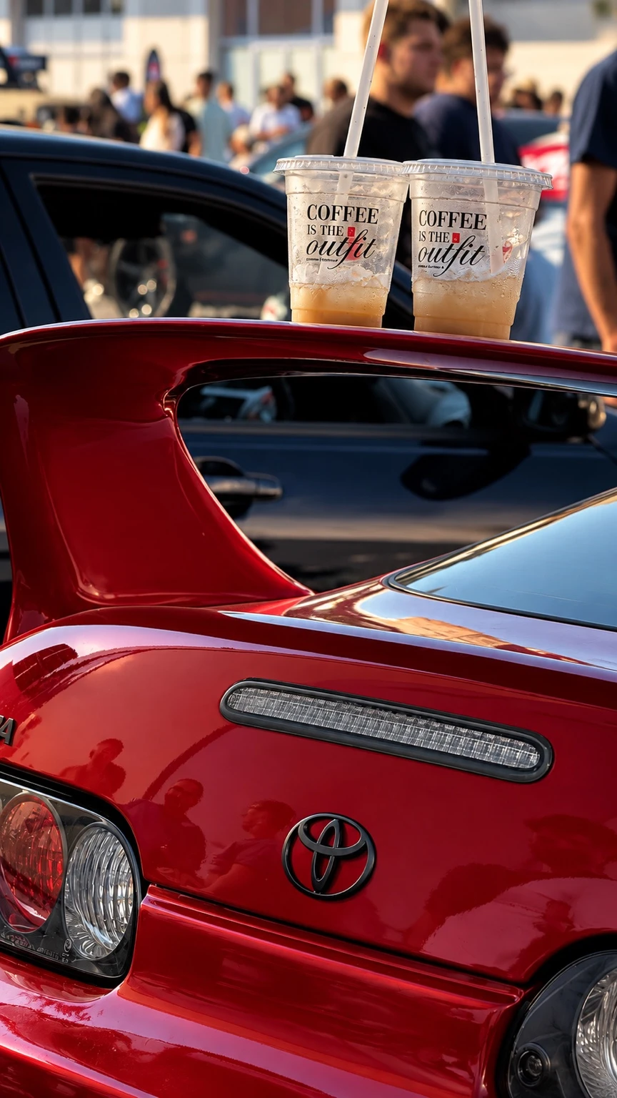 Toyota Supra spoiler with coffee cups after editing